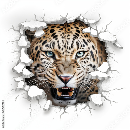 Leopard breaks through the wall, transparent background Png file.