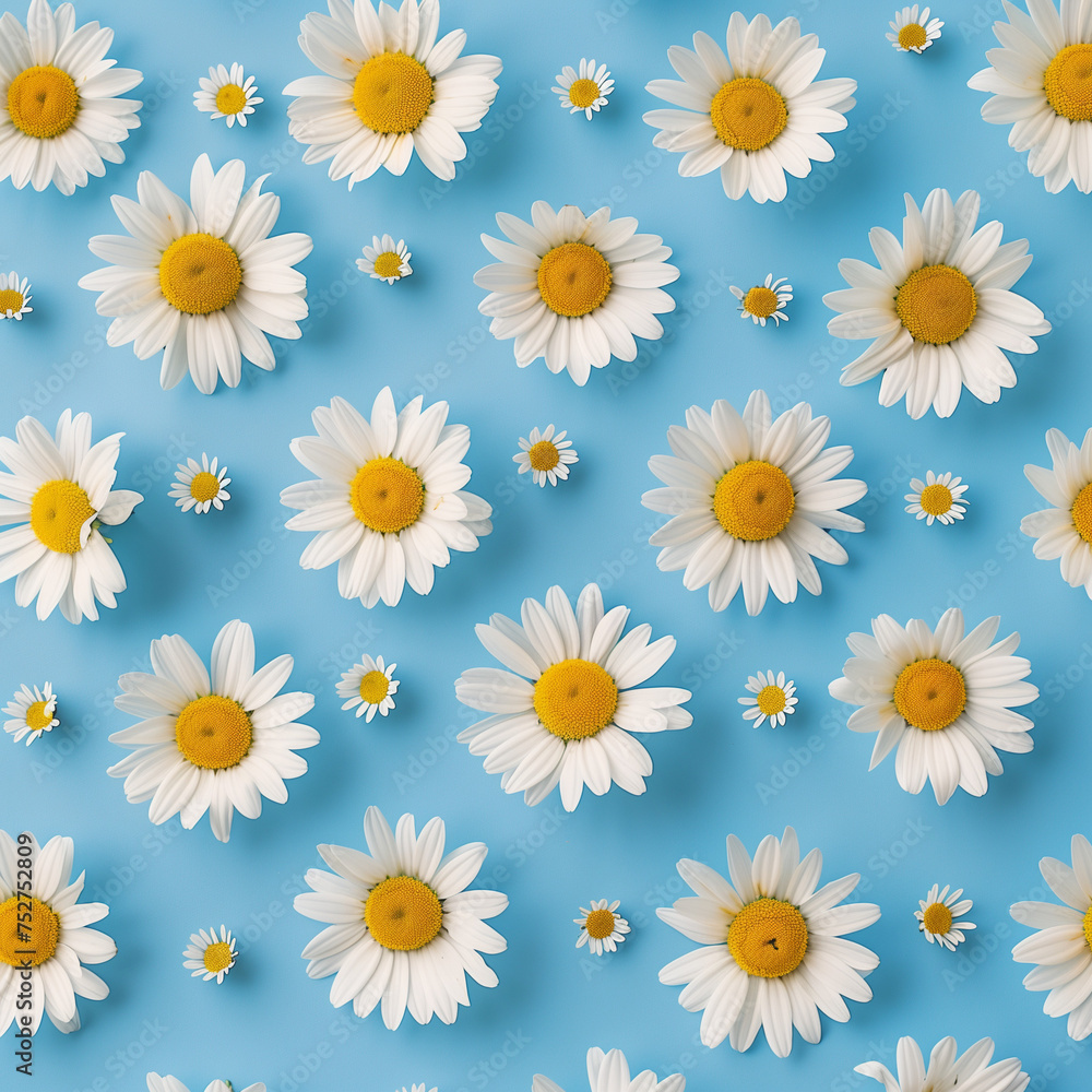 A repetitive and calming pattern of fresh white daisies on a crisp blue background, suitable for various designs A repetitive and calming pattern of fresh white daisies on a crisp blue background, suitable for various designs