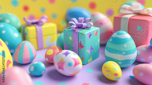 Soft pastel Easter eggs and vividly colored gift boxes create a playful and festive atmosphere