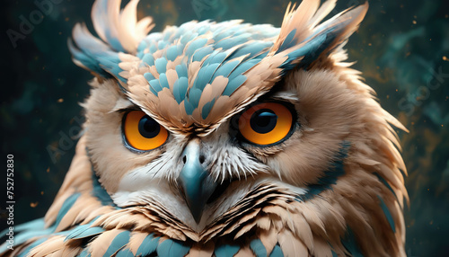 Fantasy Illustration of a wild Owl bird. Digital art style wallpaper background. © Roman