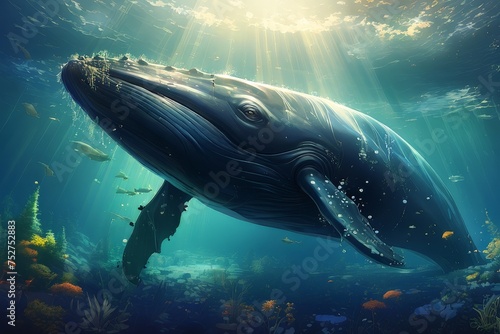 Big blue whale in the ocean fantasy animal illustration