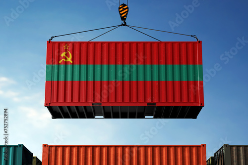 Transnistria trade cargo container hanging against clouds background photo