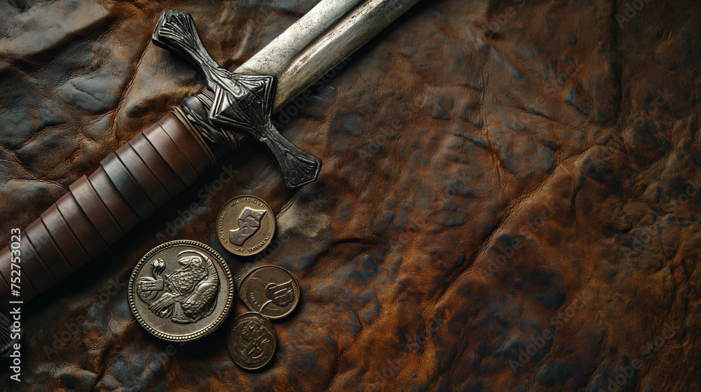 Fantasy background. Medieval sword and coins.
