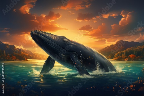 Big blue whale in the ocean fantasy animal illustration © boying