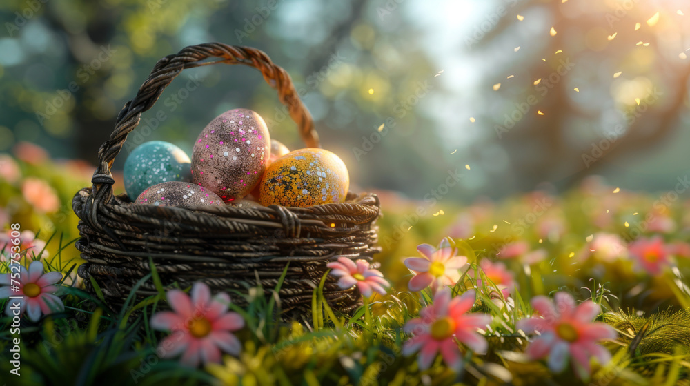 Basket of easter eggs on green grass at sunny day. Basket of easter eggs on green grass at sunny day.