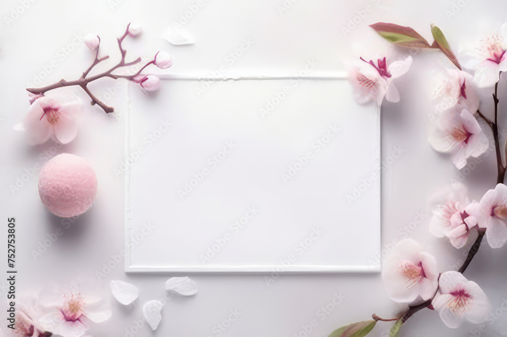 Pink flowers on empty mock up.Generative AI..wedding invitation