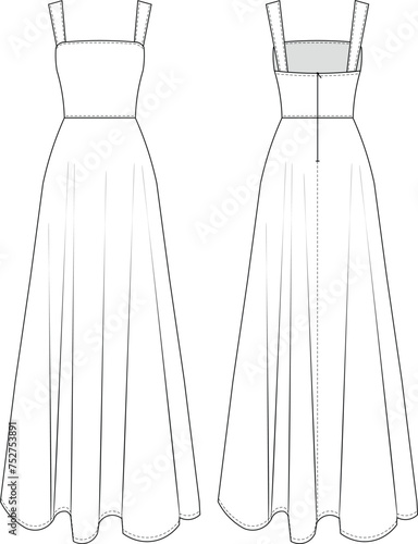 sleeveless shoulder straps strappy  square neck flared zippered long maxi dress gown template technical drawing flat sketch cad mockup fashion woman design style model
