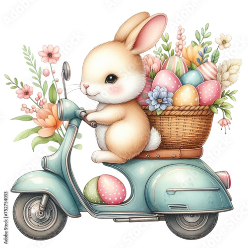  rabbit cute wear sunglasses drive a motorcycle and have an egg basket  clipart watercolor 