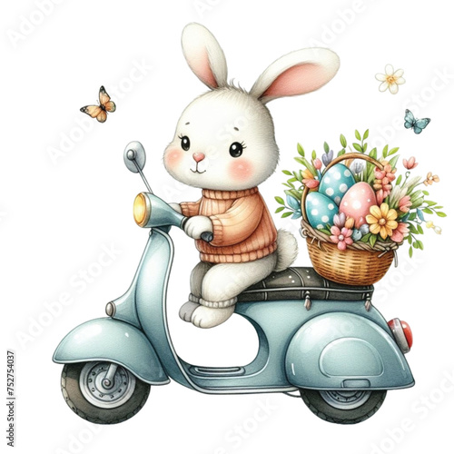  rabbit cute  drive a motorcycle and have an egg basket  clipart watercolor 
