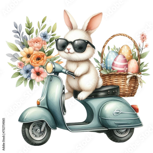  rabbit cute wear sunglasses drive a motorcycle and have an egg basket  clipart watercolor 