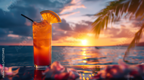 Tropical sunset cocktail on beachfront with orange slice and sunset view, Holiday, travel and vacation concept.