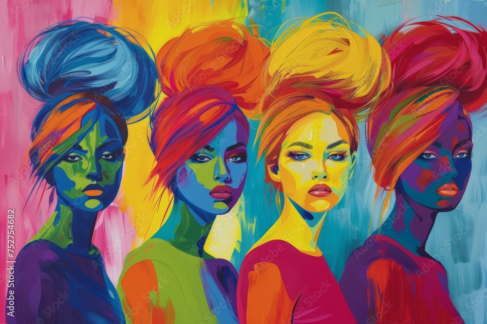 Vibrant Feminist Portrayal: Colorful-Haired Girls Against Bright Background, Futurist Abstraction Style, Monochromatic Shadows, Color Explosions, Cubist Elements, Pop Art Prints, Mural Painting