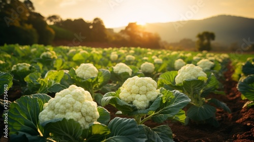 Organic vegetable cultivation in eco-friendly cauliflower plantations at sunset.