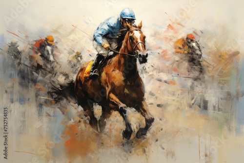 Photo watercolor sports art horse racing, Race horse with jockey on watercolor splatter background, Ai generated