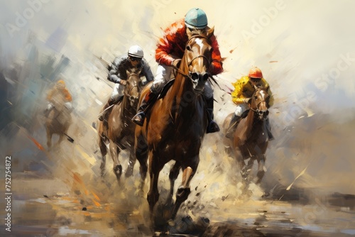 Photo watercolor sports art horse racing, Race horse with jockey on watercolor splatter background, Ai generated