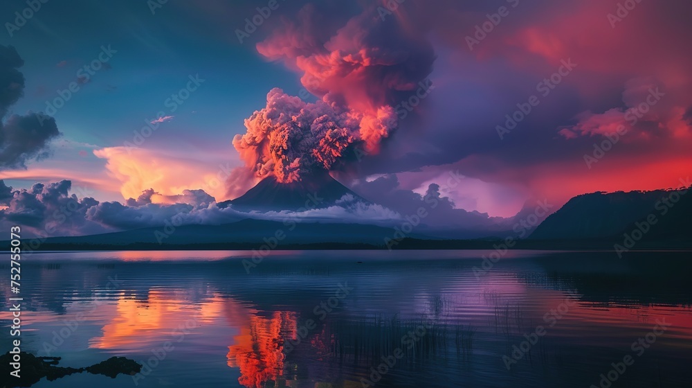 A volcano erupting with lava coming out of the top generative ai art - obrazy, fototapety, plakaty 