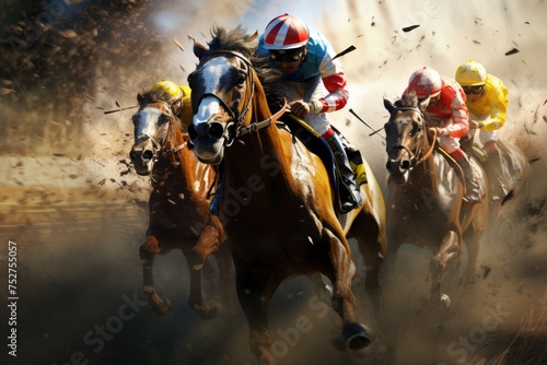 Photo watercolor sports art horse racing, Race horse with jockey on watercolor splatter background, Ai generated © Tanu