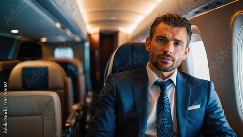 Businessman enjoy airplane luxurious first-class cabins