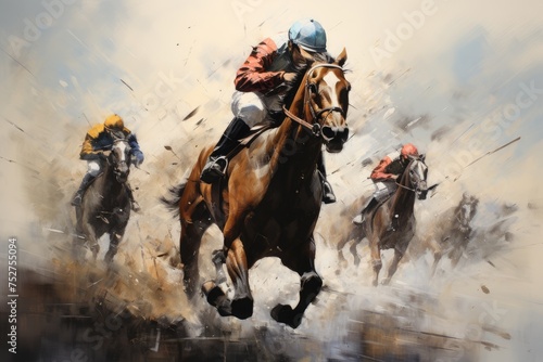 Photo watercolor sports art horse racing, Race horse with jockey on watercolor splatter background, Ai generated