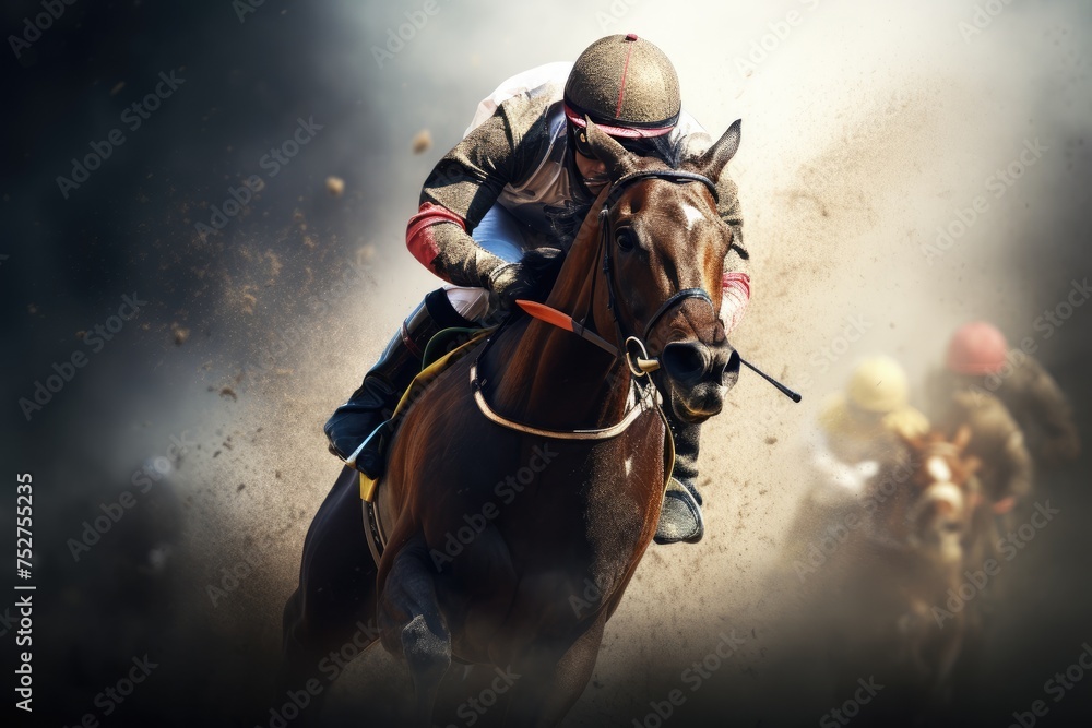 Fototapeta premium Horse racing, with his horse running in the field, A jockey participating in a horse racing or derby event, galloping atop a horse during the race, Ai generated