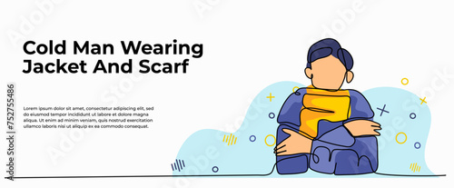 Vector illustration of  a young man wearing a jacket because it was cold. Modern flat in continuous line style.