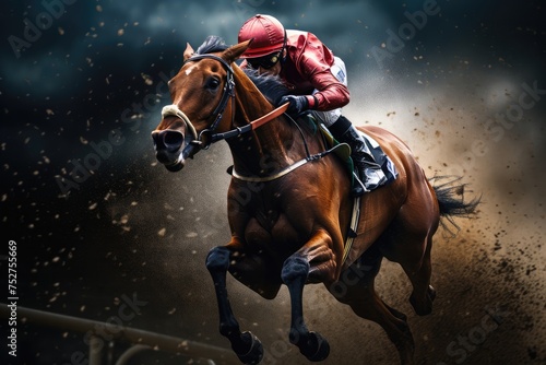 Horse racing, with his horse running in the field, A jockey participating in a horse racing or derby event, galloping atop a horse during the race, Ai generated