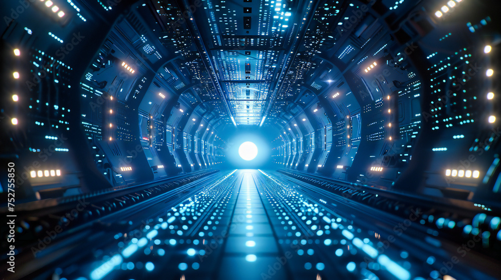 Futuristic Corridor, Sci-Fi Aesthetic in Design, Neon Lights Guide Through Technological Progress Futuristic Corridor, Sci-Fi Aesthetic in Design, Neon Lights Guide Through Technological Progress