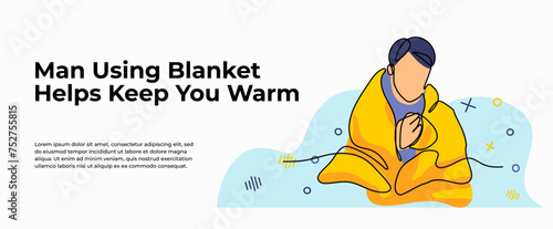 Vector illustration of a boy was cold and then covered in a blanket. Modern flat in continuous line style.
