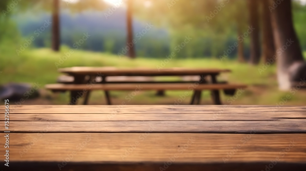 wooden table on blurred camping background wooden table on blurred camping background