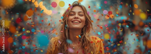 A happy woman with a joyful smile as confetti falls around her at an event