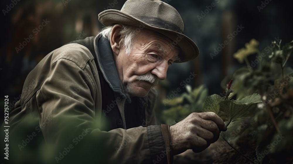 Old man working outdoor. Gardening concept.