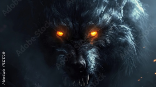 A grinning wolf with glowing eyes close-up. Generative AI