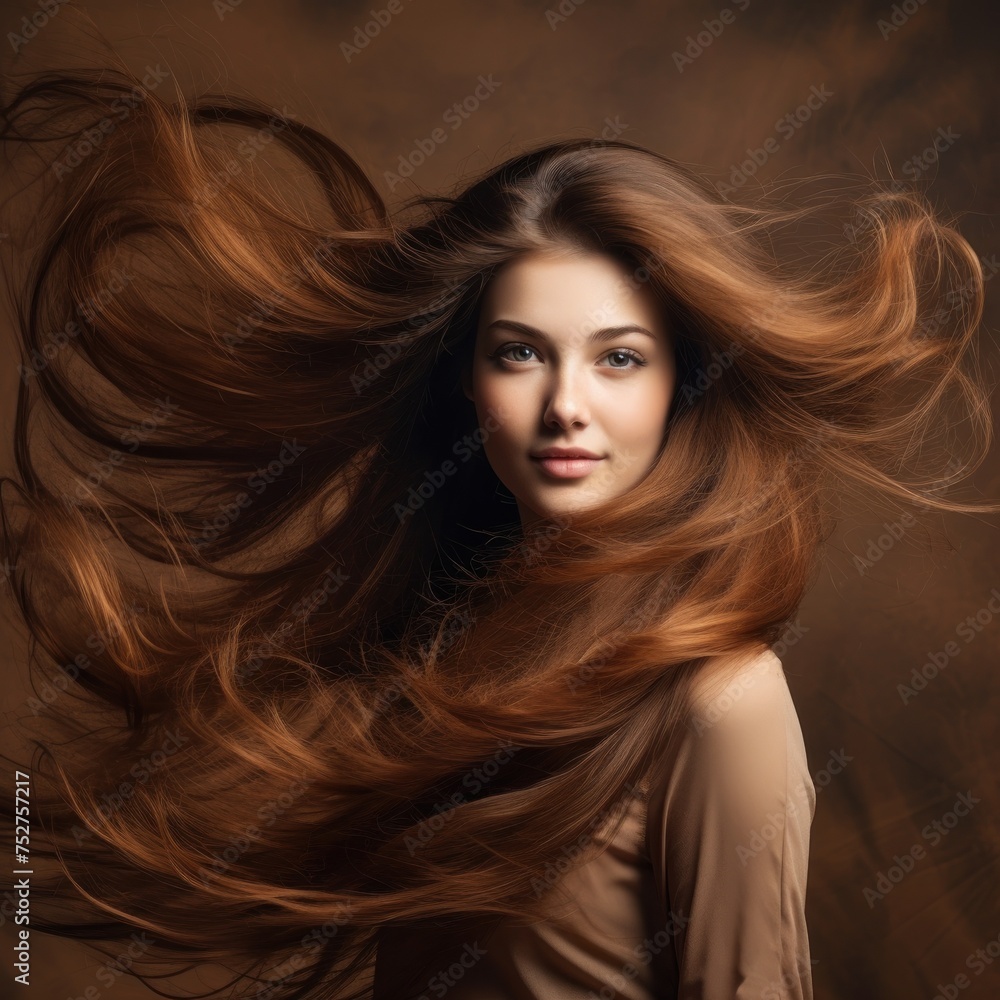 Fototapeta premium Beautiful young woman with long flying hair.