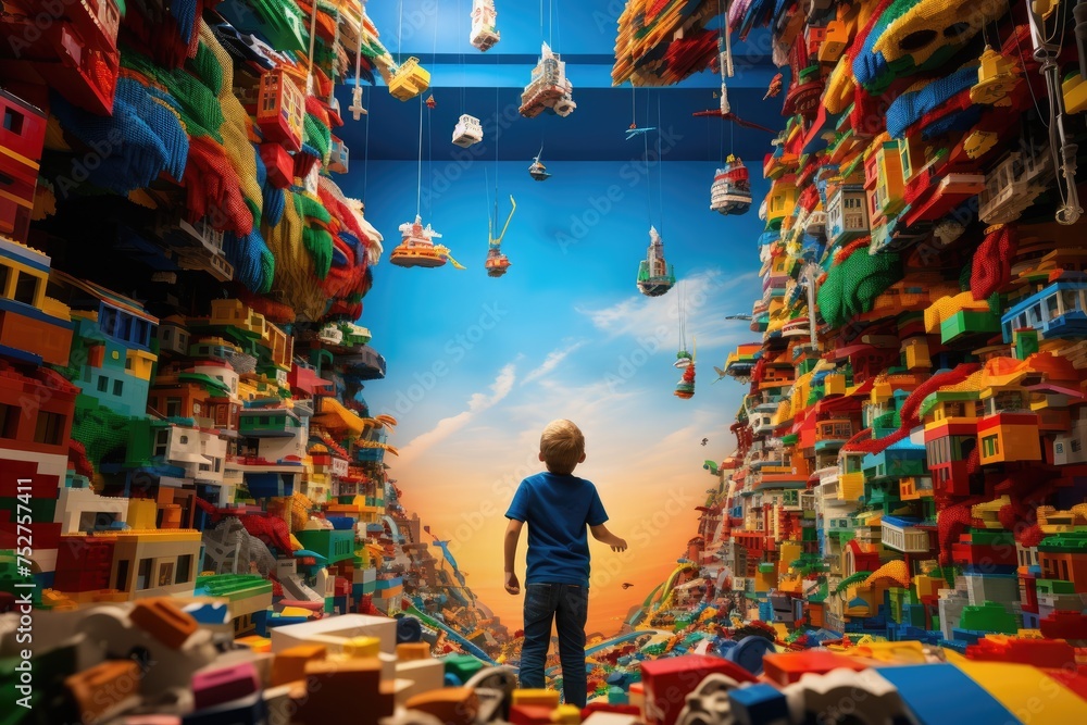 Fototapeta premium Joyous moment of a kid engrossed in play, creating a world of wonder with vibrant and colorful pieces, Ai generated