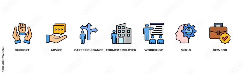 Outplacement banner web icon illustration concept with icon of support, advice, career guidance, former employer, workshop, skills, new job, training, and presentation Outplacement banner web icon illustration concept with icon of support, advice, career guidance, former employer, workshop, skills, new job, training, and presentation
