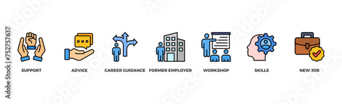 Outplacement banner web icon illustration concept with icon of support, advice, career guidance, former employer, workshop, skills, new job, training, and presentation