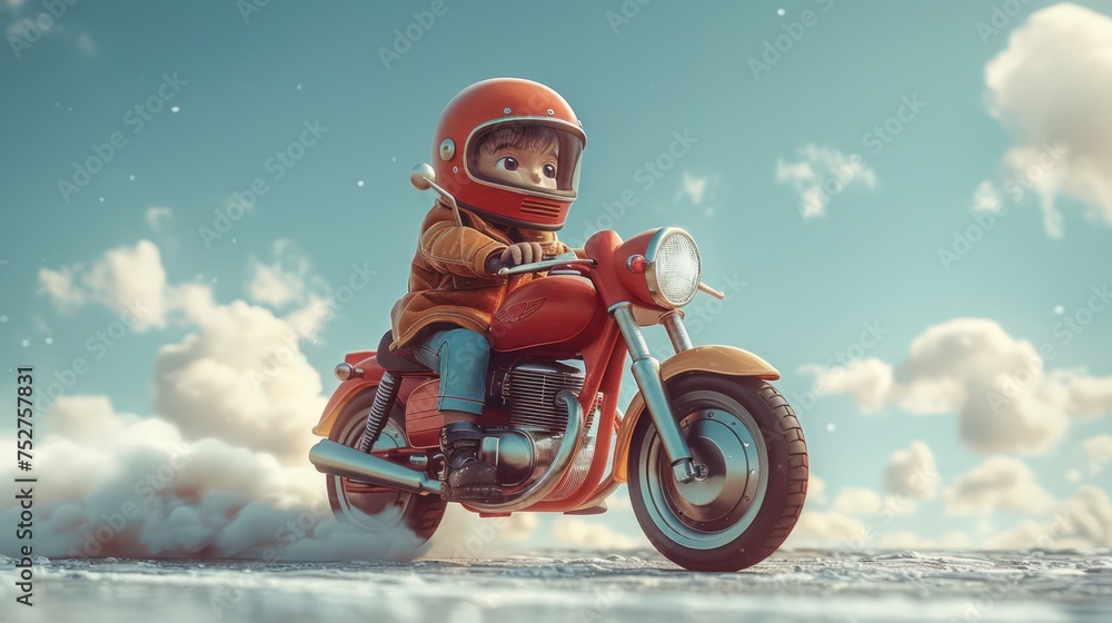 Fototapeta premium 3D cartoon a cute young boy wearing helmet, ridding retro classic motorbike 