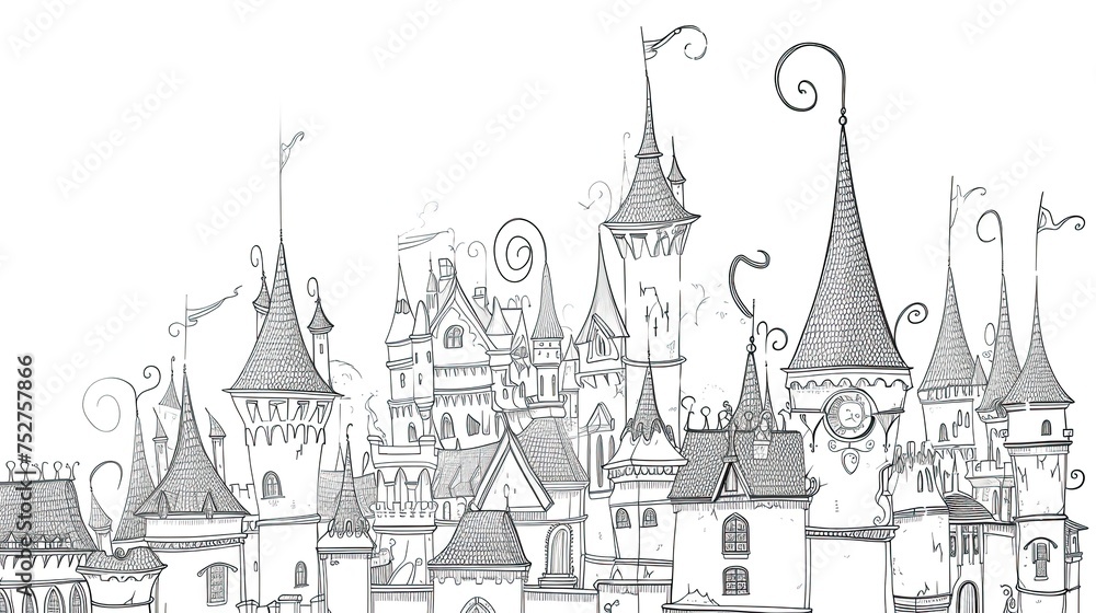 Drawn castle. Abstract, aqueduct, fairy tale, doodle, princess, fortress, knight, palace, tower, middle ages, king, prince, kingdom. Generated by AI