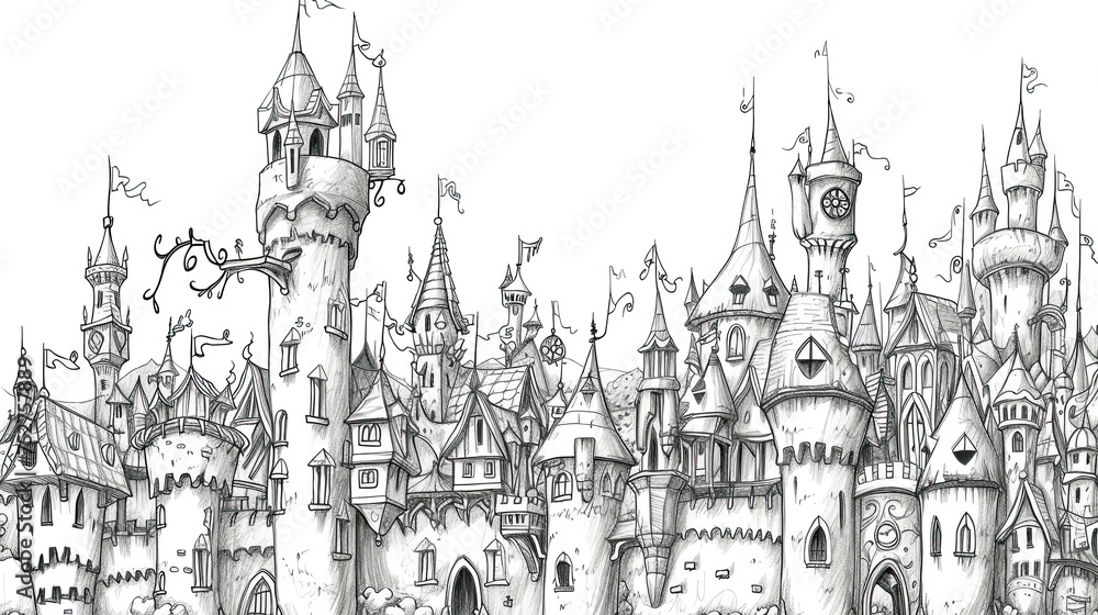 Drawn castle. Abstract, wealth, gate, fantasy, aqueduct, fairy tale, doodle, princess, fortress, knight, palace, tower, middle ages, king, prince, kingdom. Generated by AI