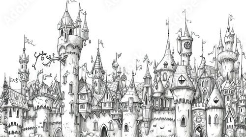 Drawn castle. Abstract, wealth, gate, fantasy, aqueduct, fairy tale, doodle, princess, fortress, knight, palace, tower, middle ages, king, prince, kingdom. Generated by AI
