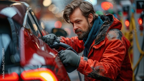 An engineer demonstrates the correct way to clean and maintain an EV’s charging port to a group of electric car owners. 