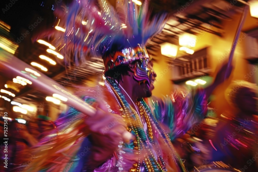 Blurred image of a Mardi Gras parade participant in vibrant attire with motion blur.