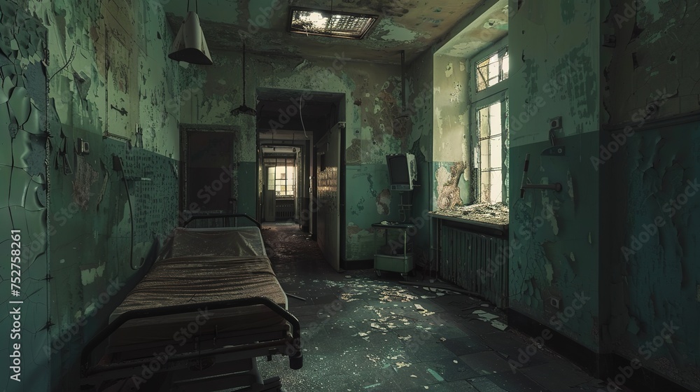 A room with a bed and a broken bed in the middle of the room. A room with a bed and a broken bed in the middle of the room.