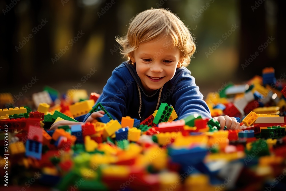Kid play with pieces., Joyous moment of a kid engrossed in play, creating a world of wonder with vibrant and colorful pieces, Ai generated Kid play with pieces., Joyous moment of a kid engrossed in play, creating a world of wonder with vibrant and colorful pieces, Ai generated