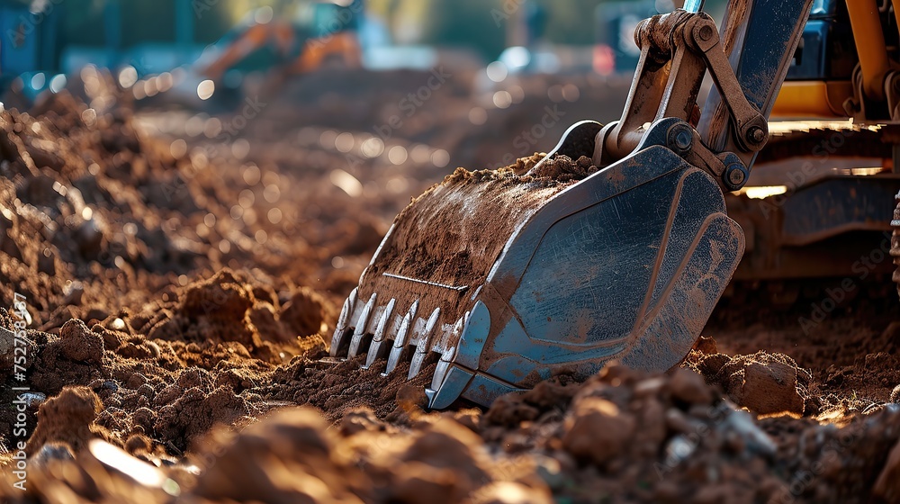 Selective focus on metal bucket teeth of backhoe digging soil. Backhoe ...