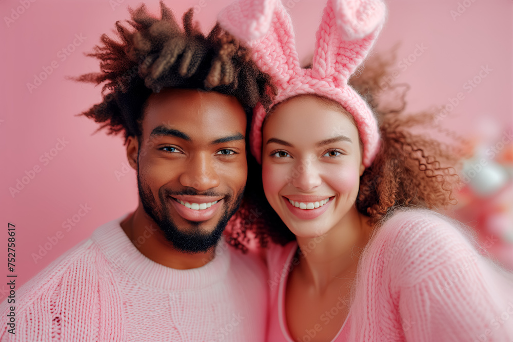 Happy mixed race couple in bunny ears on pink background. Easter concept Happy mixed race couple in bunny ears on pink background. Easter concept