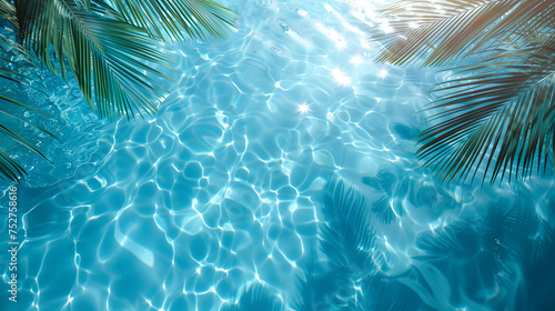 Sunlit pool with sparkling water and palm shadows, ideal for vacation, summer themes, and travel marketing