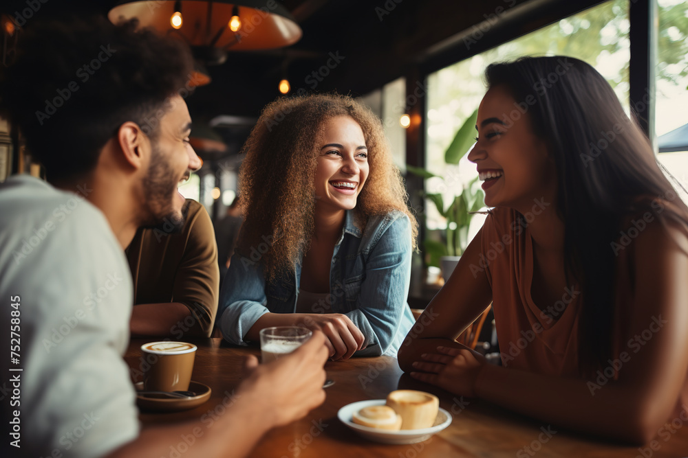 Group of young, smiling and diverse friends having coffee together in a cafe or bar.