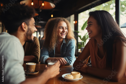 Group of young  smiling and diverse friends having coffee together in a cafe or bar.