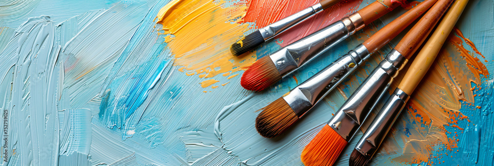 Obraz premium Variety of paint brushes on a textured background. Art supplies theme. Artistic tools concept. Design for art education posters, banners, and creative project backgrounds